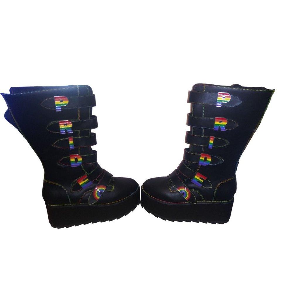 YRU Karma Hi PRIDE Rainbow Black Platform Boots Size 10 with Box HTF